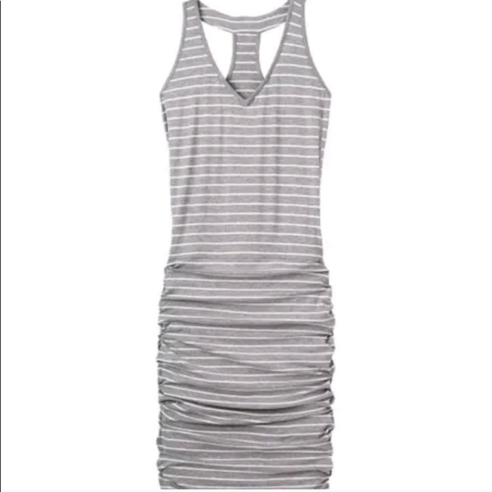 Athleta Gray & White Striped Racerback Midi Dress